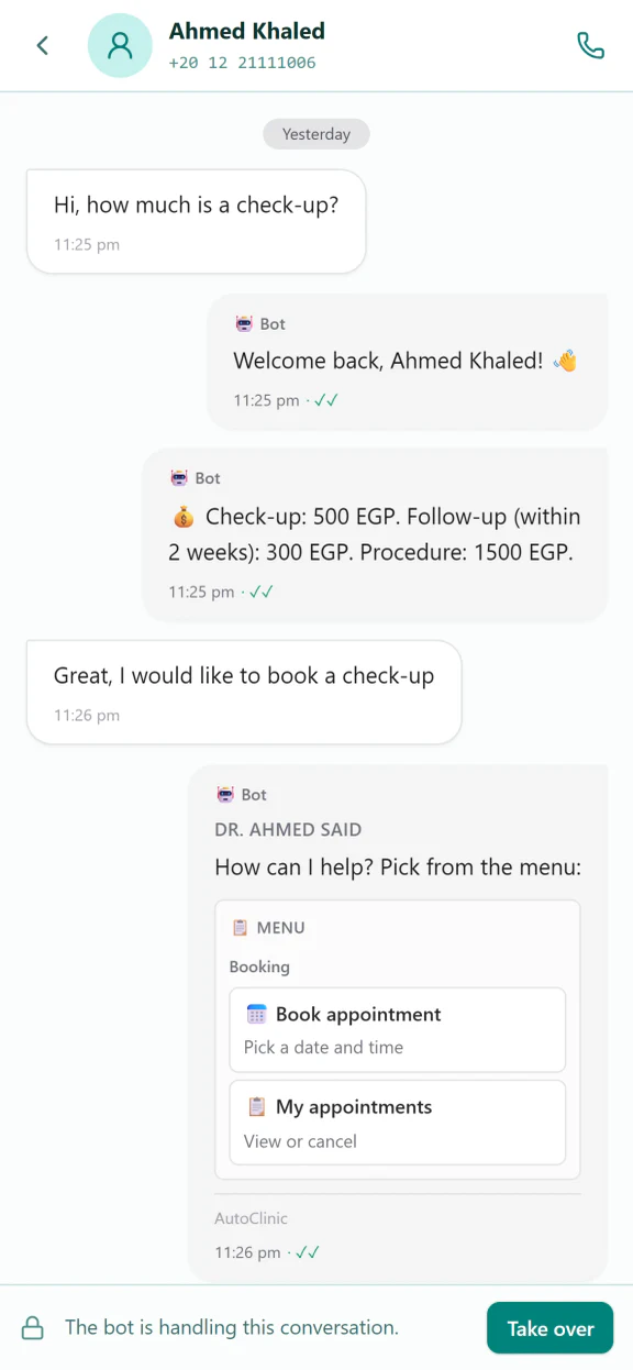 The start of the same chat: the patient asks the price of a check-up, and the bot answers with the prices and a booking menu.