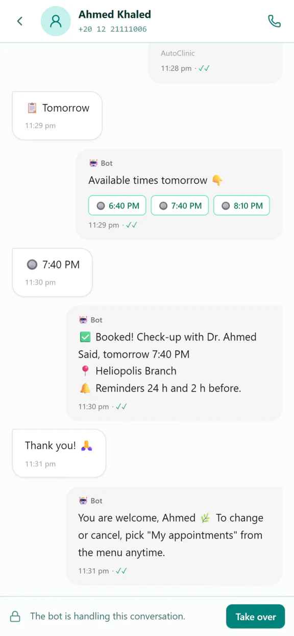 A WhatsApp chat on a phone, last night at 11:30 pm: the patient picks a time for the next day, and the bot confirms the booking, the branch and the reminders.