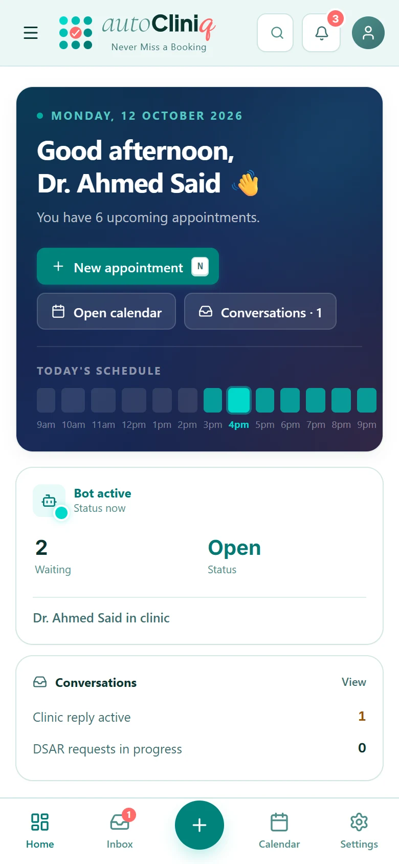 autoCliniq on a phone, showing the daily briefing, the hour-by-hour schedule, and a bottom navigation bar.