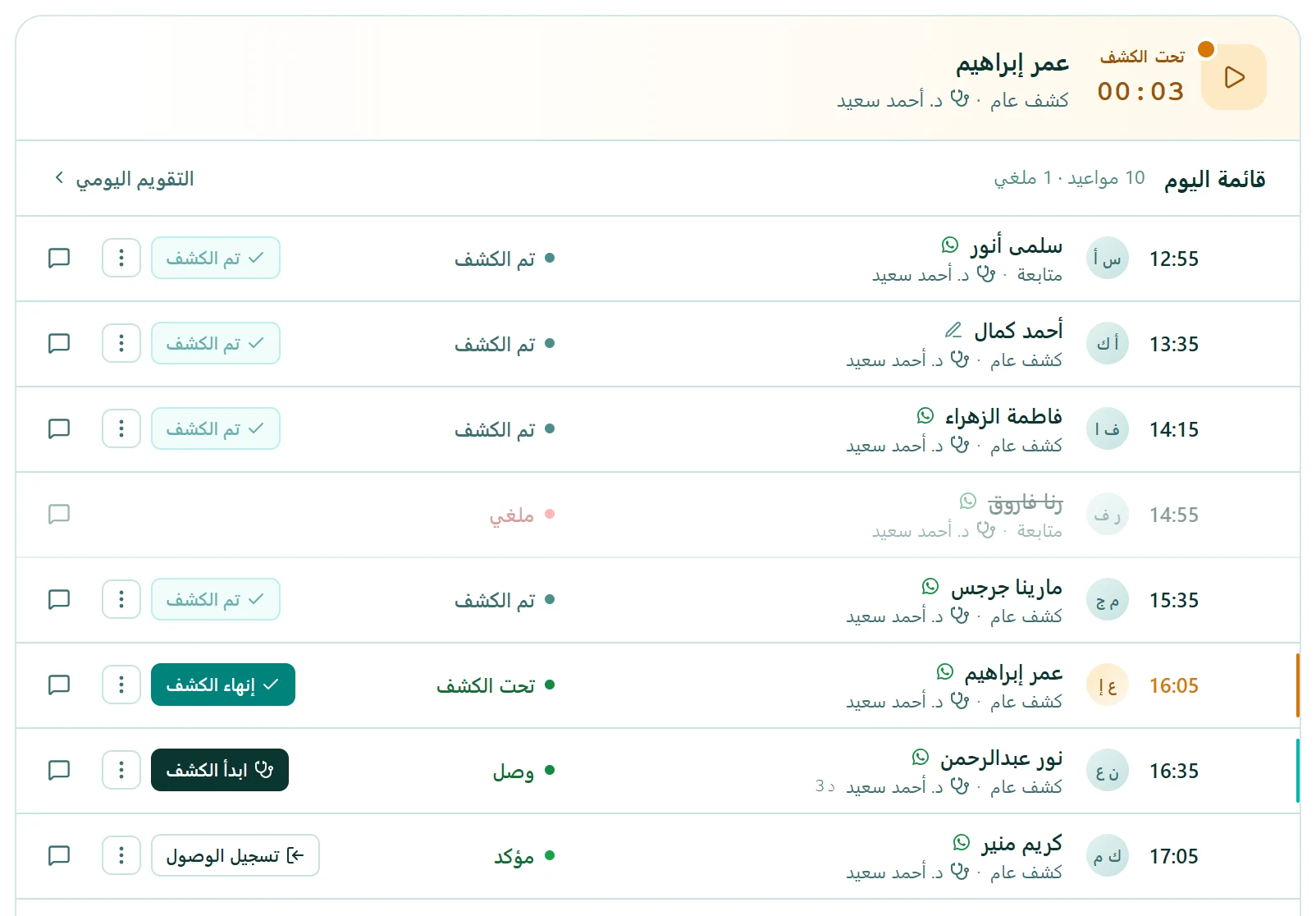 قائمة autoCliniq اليومية فيها أربعة مواعيد. لكل موعد الوقت واسم المريض وحالته المباشرة: مؤكد أو وصل أو تحت الكشف. في كل صف مؤشر واتساب وإجراء بضغطة واحدة.